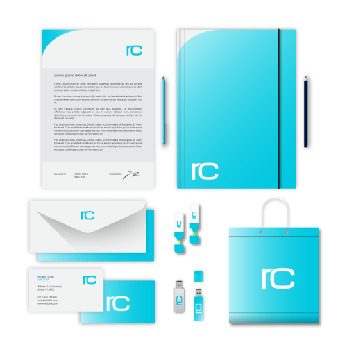 Übersicht einer konsistenten Marken-Geschäftsausstattung: Mockups von Briefpapier, Visitenkarten, Notizbüchern, Tragetaschen und USB-Sticks im einheitlichen Corporate Design